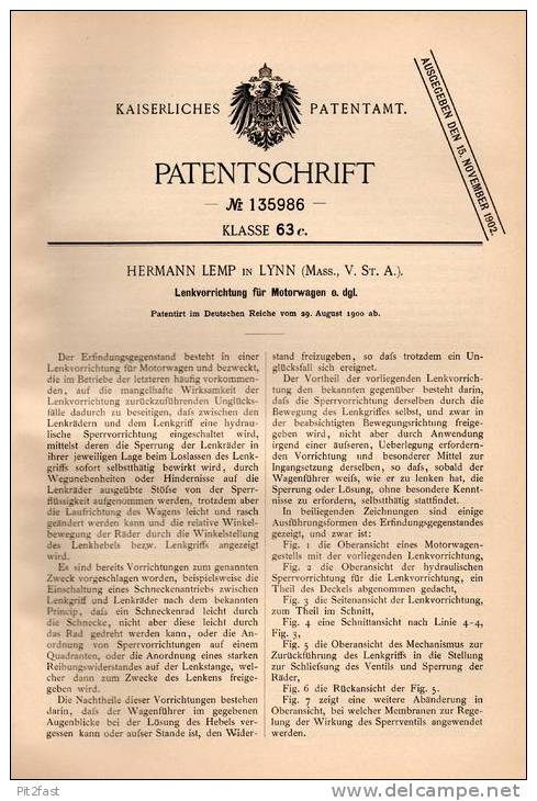 Original Patentschrift - H. Lemp In Lynn  , USA , 1900, Lenkung Für Motorwagen , Automobile !!! - Cars