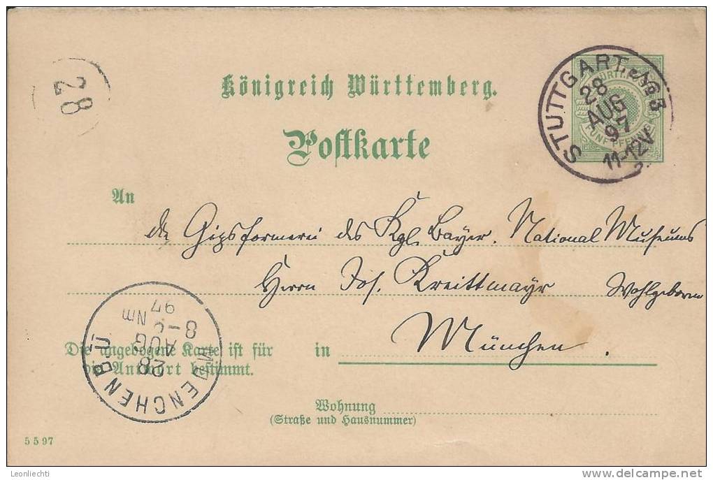 Königreich Wuertemberg Von Stuttgart N. München 28.Aug.1897 (pk K Wuertt 7) - Autres & Non Classés