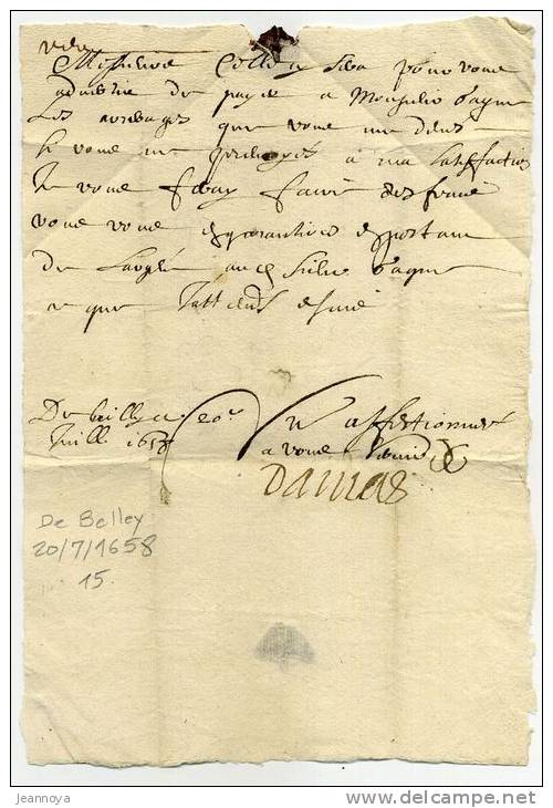 AIN  - LETTRE DE BELLEY DU 20/7/1658 POUR FONTAINE FRANCAISE - SUP ET RARE - ....-1700: Precursori