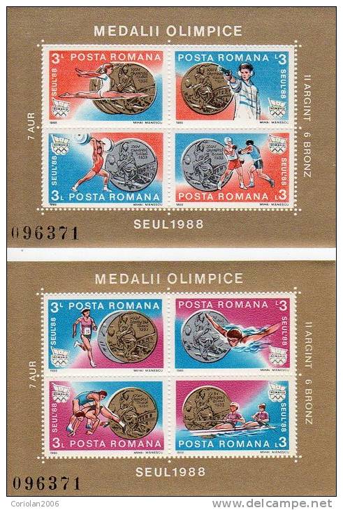 Romania 1988 / Olympic Medals / Set X 2 Blocks - Unused Stamps