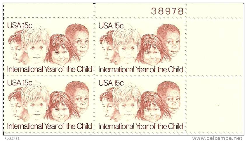 US Scott 1772 - Plate Block Of 4 - Year Of The Child 15 Cent - Mint Never Hinged - Numéros De Planches