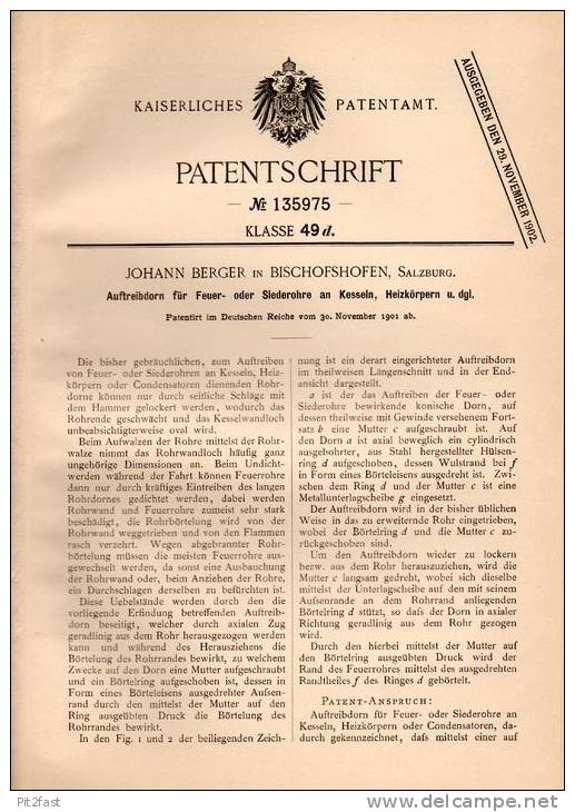 Original Patentschrift - J. Berger In Bischofshofen , Salzburg , 1901 , Feuer- Und Siederohre An Kesseln , Heizung !!! - Historische Dokumente