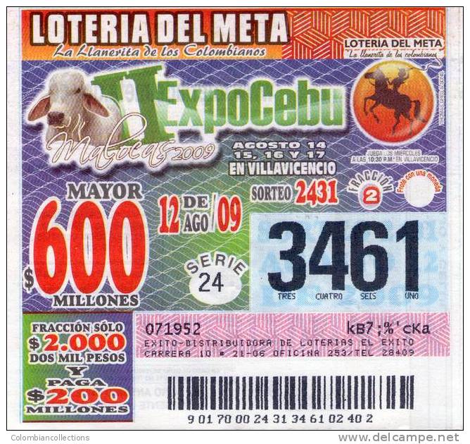 Lote 720, Colombia, Loteria, Lottery, Loteria Del Meta, 2431, ExpoCebu, Bull - Billetes De Lotería