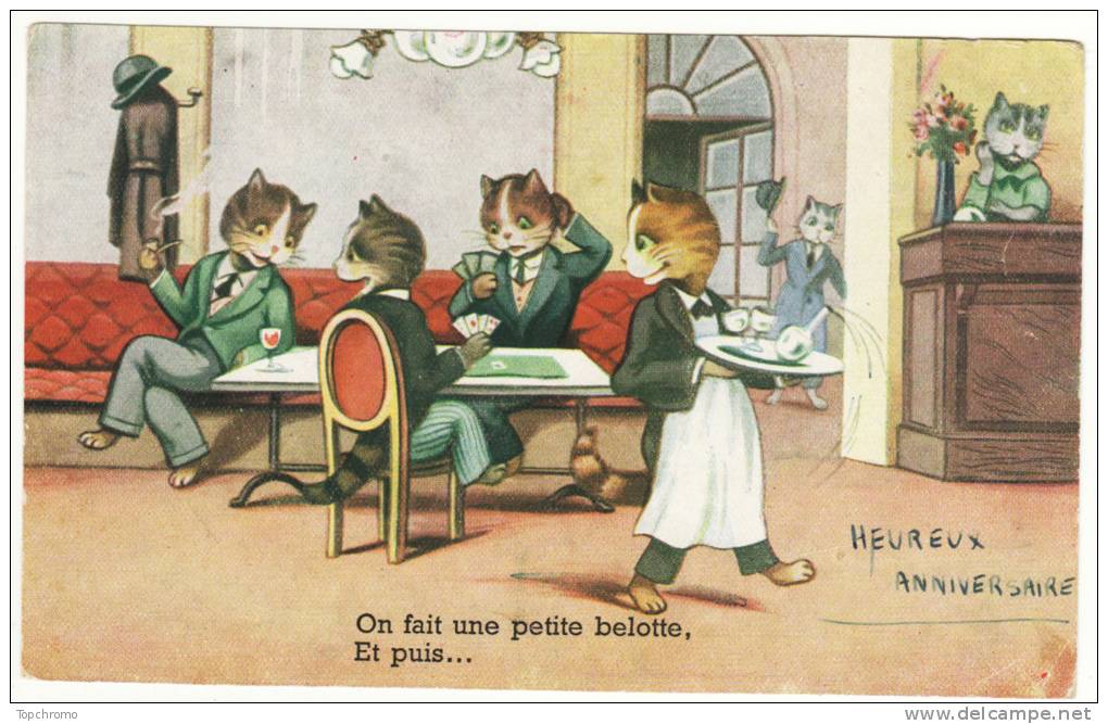 Carte Postale Chats Humanisés Dans Un C Jeu De Cartes "On Fait Une Petite Belotte, Et Puis..." Serveur Anthropomorphisme - Katten