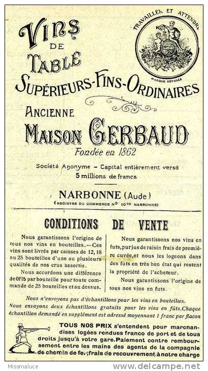 Publicité Maison Gerbaud Narbonne Aude 11 Vins De Table - Alcohols