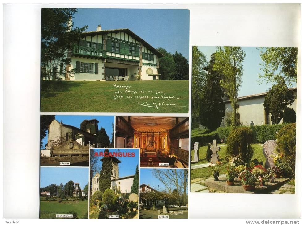 3 CPM - ARCANGUES (64) Le Cimetière, L'église (extérieur, Intérieur) Vue Générale, La Place, Belle Maison Basque - Autres & Non Classés