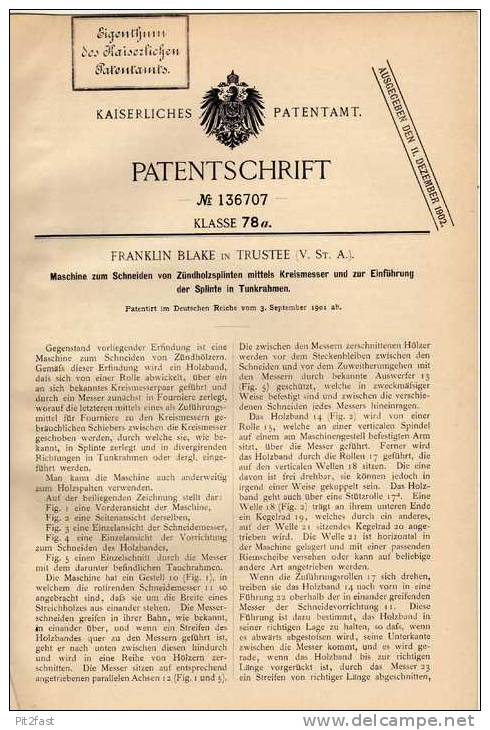 Original Patentschrift - F. Blake In Trustee , USA , 1901 , Maschine Für Streichhölzer , Zündhölzer , Streichholz !!! - Pirogeni