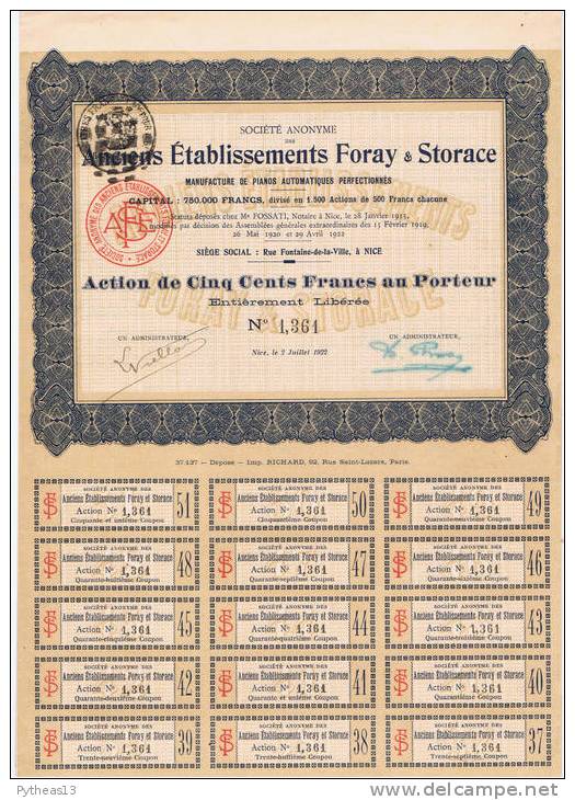 Anciens Etablissements FORAY & STORACE - Action De 500 Francs Au Porteur - D - F