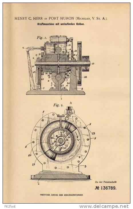 Original Patentschrift - H. Herr In Port Huron , USA , 1901 , Kraftmaschine Mit Umlaufenden Kolben , Motor !!! - Machines