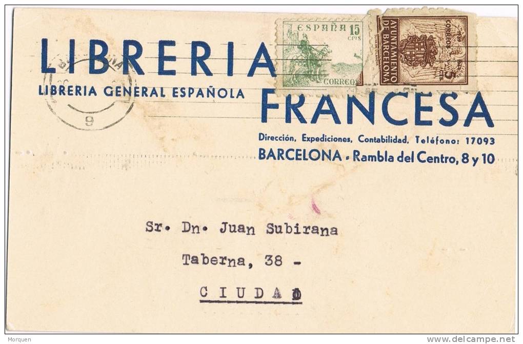 Tarjeta Privada Barcelona 1944. Sello Recargo Exposicion - Barcelone