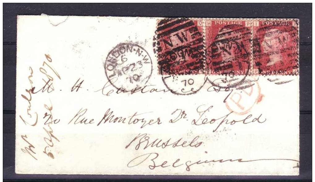 Envp De 1870 En Bande De Trois Timbres Vers La Belgique  Cachet  Rouge PD - Storia Postale