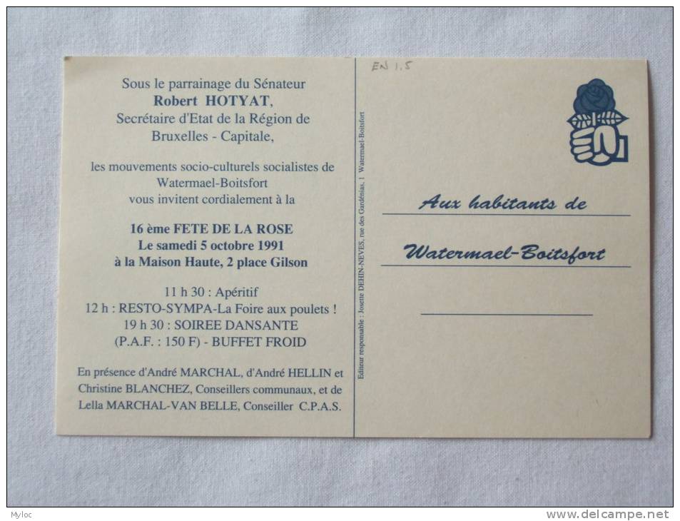 Watermael- Boisfort. Maison Haute. Publicité 16ème Fête De La Rose. Le 5 Octobre 1991. Parti Socialiste - Watermaal-Bosvoorde - Watermael-Boitsfort