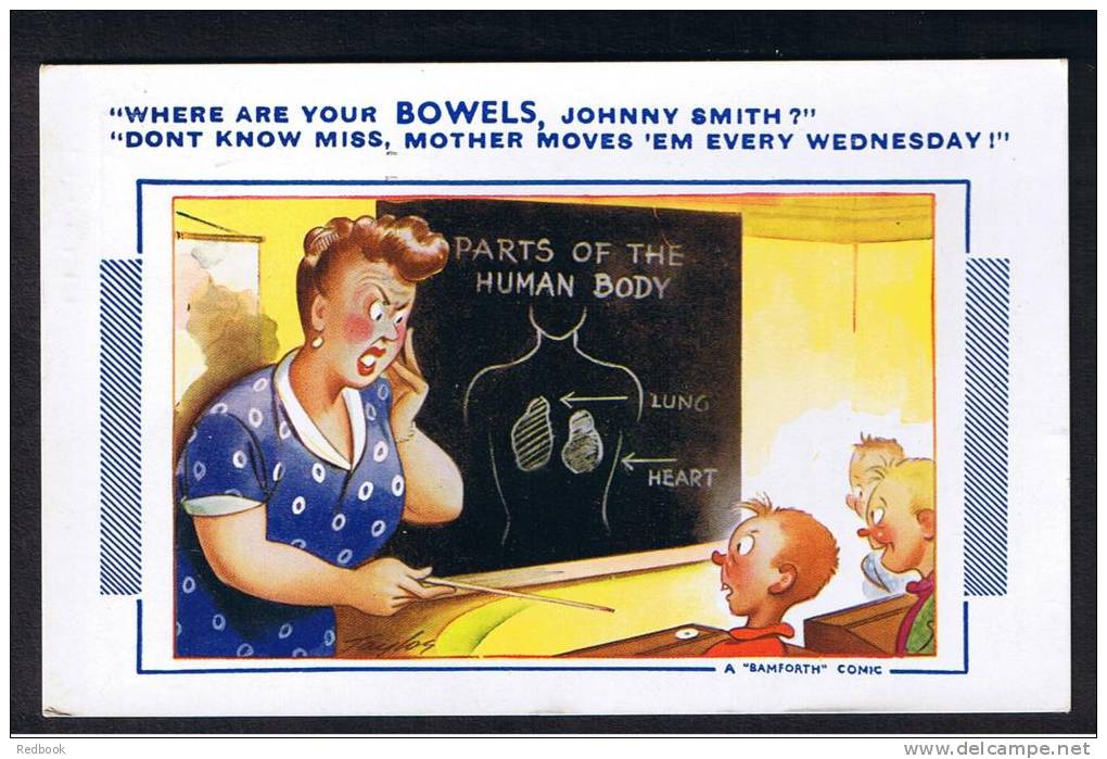 RB 881 - 1952 Bamforth Comic Postcard - Teacher "Where Are Your Bowels Johnny Smith?" Mother Moves 'em Every Wednesday - Fumetti