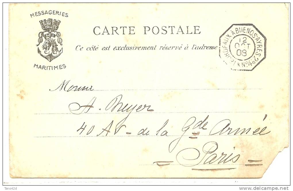 REF LPU11 - LIGNE MARITIME BORDEAUX A BS AIRES N°4 12/10/1908 SUR CPA DES MESSAGERIES MARITIMES - Maritime Post