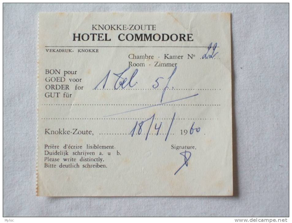 Knokke-Zoute. Hôtel Commodore. Bon Pour Un Téléphone. 18.04.1960 - Collections