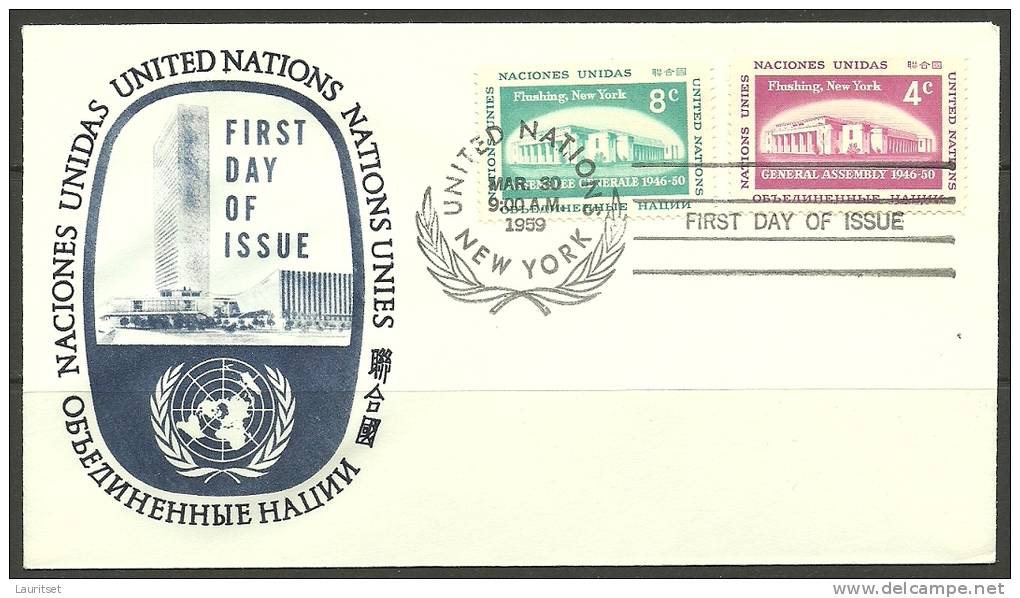 United Nations New York  30.03.1959 FDC Naciones Unidas UN General Assembly In Flushing - Cartas & Documentos