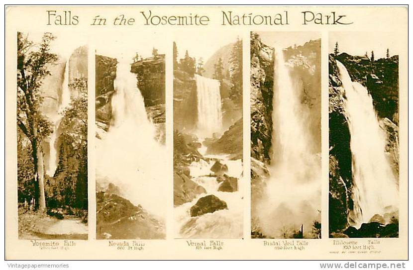 188151-California, Yosemite National Park, RPPC, Multi View, 5 Scenes Of Waterfalls, Camp Curry Studio - Yosemite