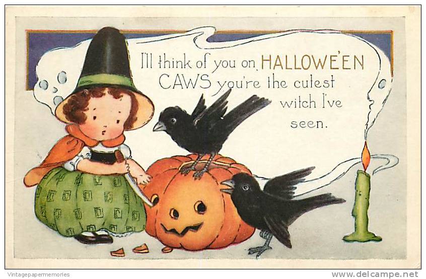193479-Halloween, Whitney No WH13-3, Young Witch Carving A JOL, Black Crows, Candle With Ghost Smoke - Halloween