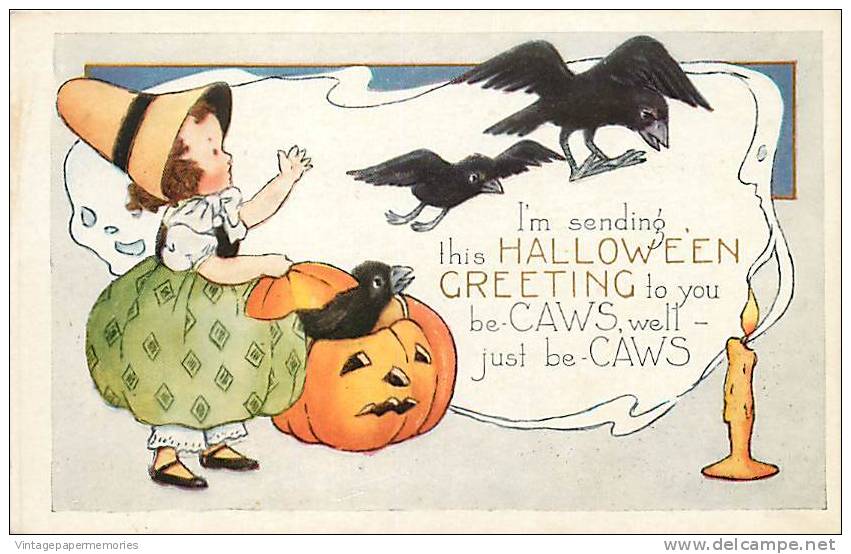 193481-Halloween, Whitney No WH13-4, Young Witch Letting Crows Fly Out Of A JOL, Candle With Ghost Smoke - Halloween