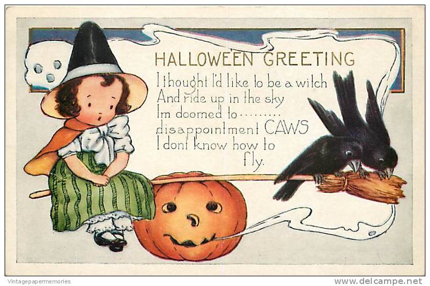 193483-Halloween, Whitney No WH13-1, Young Witch Sitting On Broom  Balanced On A JOL With Crows - Halloween