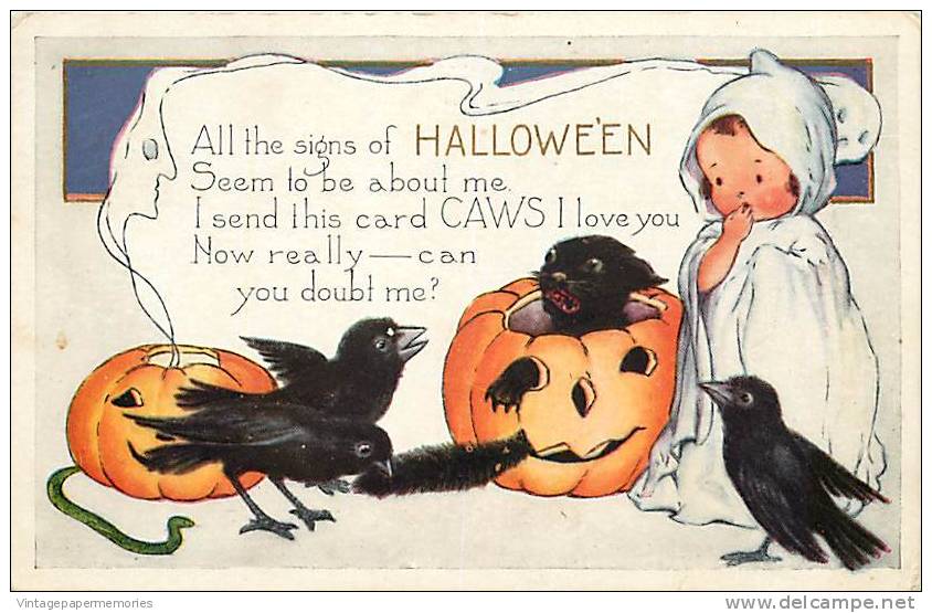 193493-Halloween, Whitney No WH13-5, Young Girl In Ghost Outfit, Scared Black Cat In JOL, Two Crows, Ghost Smoke - Halloween