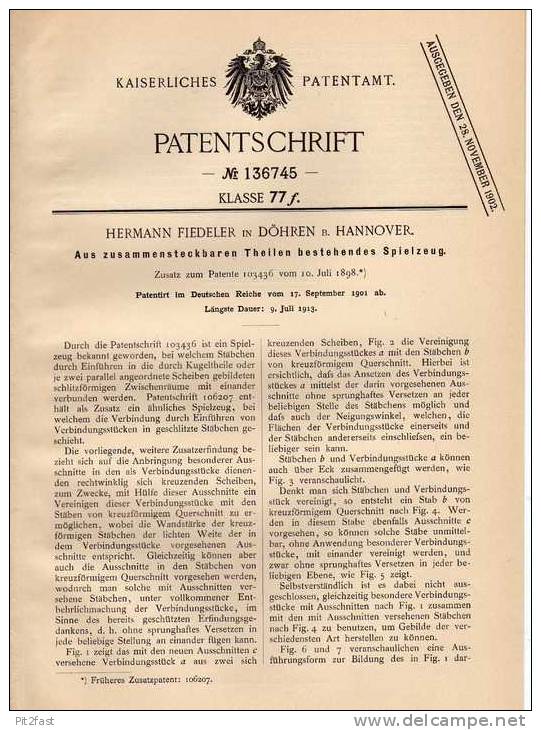 Original Patentschrift - H. Fiedeler In Döhren B. Hannover , 1901 , Spielzeug Aus Steckteilen !!! - Historische Dokumente