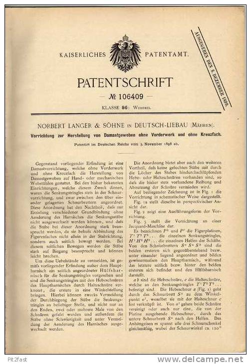 Original Patentschrift - N. Langer & Söhne In Deutsch - Liebau , 1898 , Damastgewebe - Herstellung , Weberei !!! - Historische Dokumente