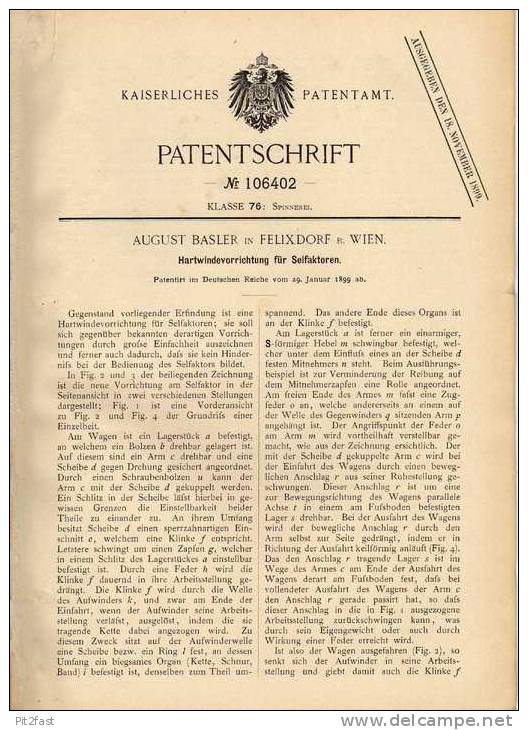 Original Patentschrift - A. Basler In Felixdorf B. Wien , 1899 , Hartwindevorrichtung Für Selfaktoren , Spinnerei !!! - Historische Dokumente