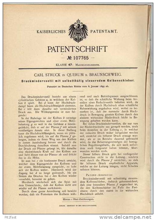 Original Patentschrift - C. Struck In Querum B. Braunschweig , 1899 , Druckventil Mit Kolbenschieber !!! - Historische Dokumente