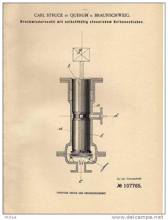 Original Patentschrift - C. Struck In Querum B. Braunschweig , 1899 , Druckventil Mit Kolbenschieber !!! - Historische Dokumente