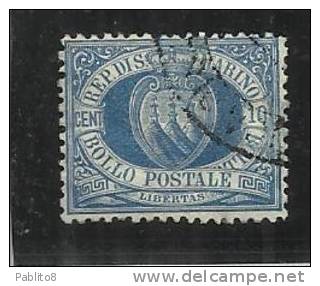 SAN MARINO 1877 CIFRA O STEMMA CENTESIMI 10 OLTREMARE TIMBRATO USED - Oblitérés