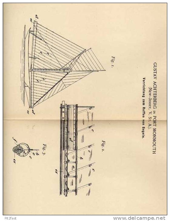 Original Patentschrift - G. Achterberg In Port Monmouth , USA , 1899 , Segelschiff , Segelboot , Segeln , Reffen !!! - Altri & Non Classificati