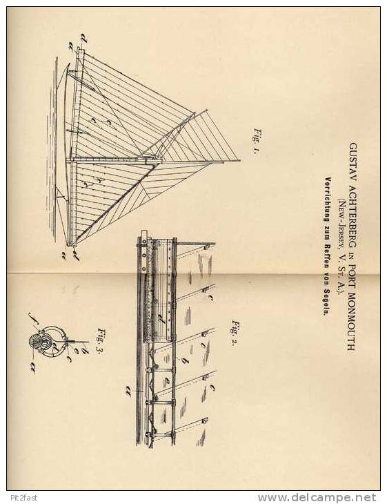 Original Patentschrift - G. Achterberg In Port Monmouth , USA , 1899 , Segelschiff , Segelboot , Segeln , Reffen !!! - Other & Unclassified