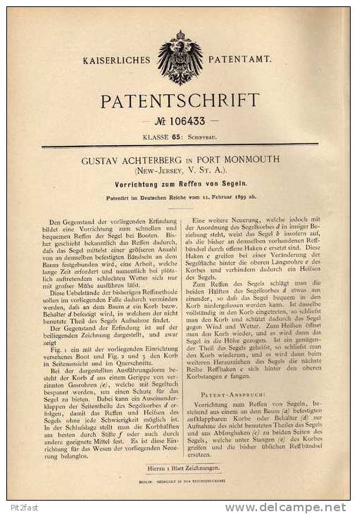 Original Patentschrift - G. Achterberg In Port Monmouth , USA , 1899 , Segelschiff , Segelboot , Segeln , Reffen !!! - Andere & Zonder Classificatie