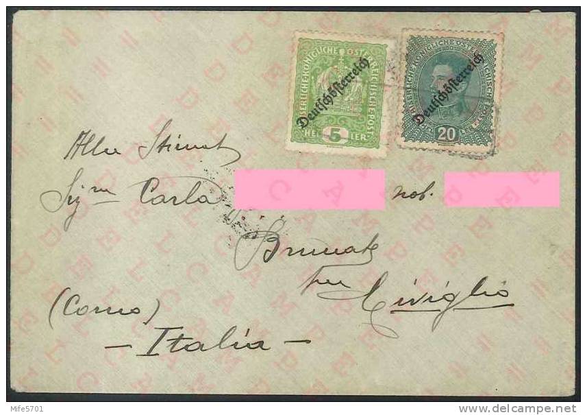 Busta Con Francobolli AUSTRIA N. 182 - 187 SCOTT Catalog - Per BRUNATE (CO) ITALIA - 5h + 20h - Lettres & Documents