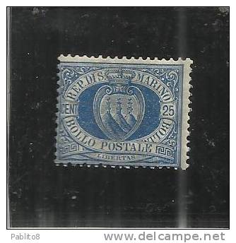 SAN MARINO 1894 - 1899 CIFRA O STEMMA CENTESIMI 25 AZZURRO MNH - Neufs