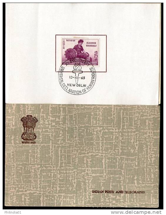 India 1963 Declaration Of Human Rights Eleanor Roosevelt Spinning Wheel Sc 379 VIP Folder Rare # 16076 - Mahatma Gandhi