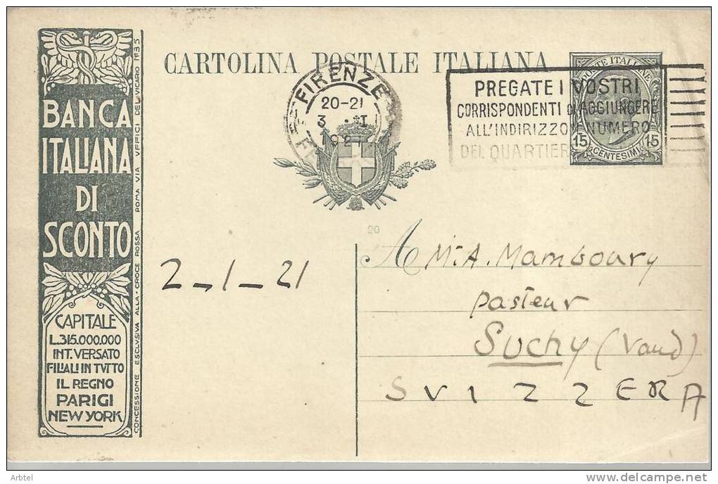 ITALIA ENTERO POSTAL PUBLICIDAD 1921 BANCA ITALIA DI SCONTO MAT FIRENZE - Ganzsachen