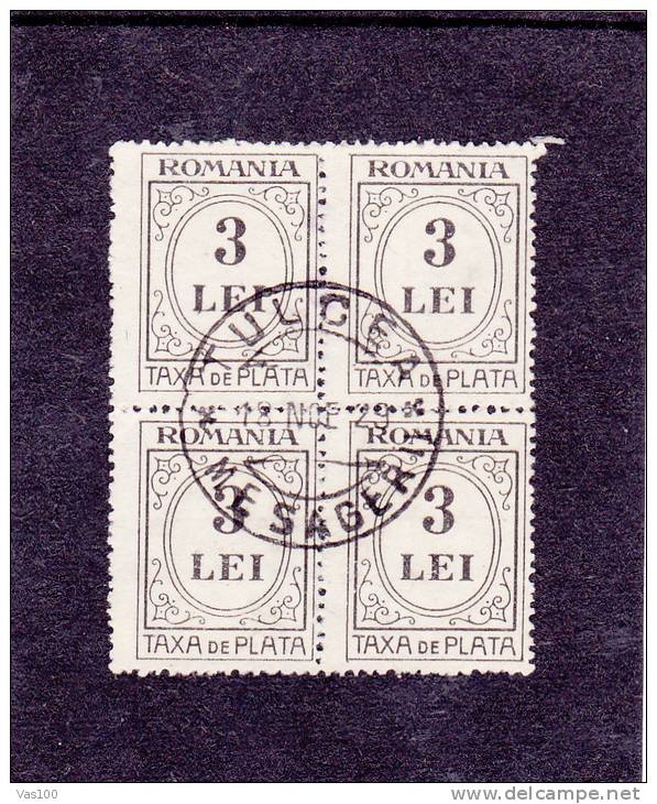 POSTAGE DUE  VERY RARE IN BLOCK OF FOUR CANCELL TULCEA MESAGER, ROMANIA. - Postage Due