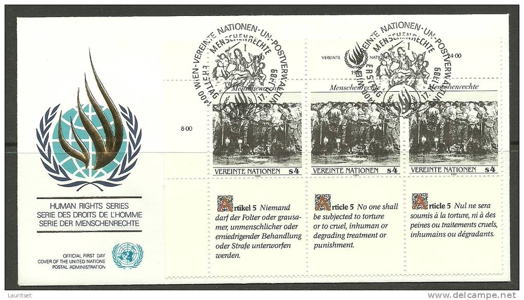 United Nations Wien 17.11.1989 FDC Naciones Unidas UN Official First Day Human Rights Menschenrechte - Lettres & Documents