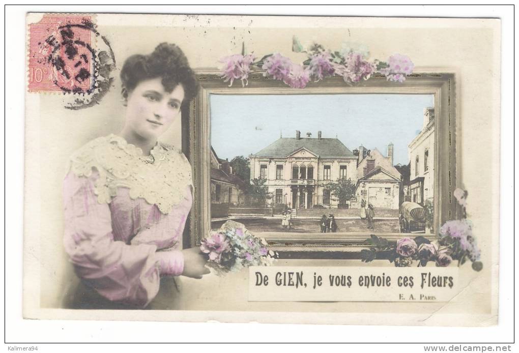 LOIRET  /  De  GIEN , Je Vous Envoie Ces Fleurs  ( Fantaisie Avec Femme En Dentelles Et Hôtel-de-ville ) - Gien