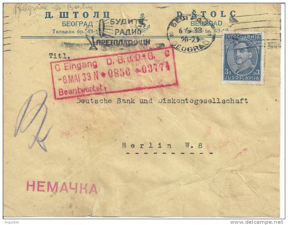 YOUGOSLAVIE - 1933 -  LETTRE DE BELGRADE A DESTINATION DE BERLIN  - - Covers & Documents