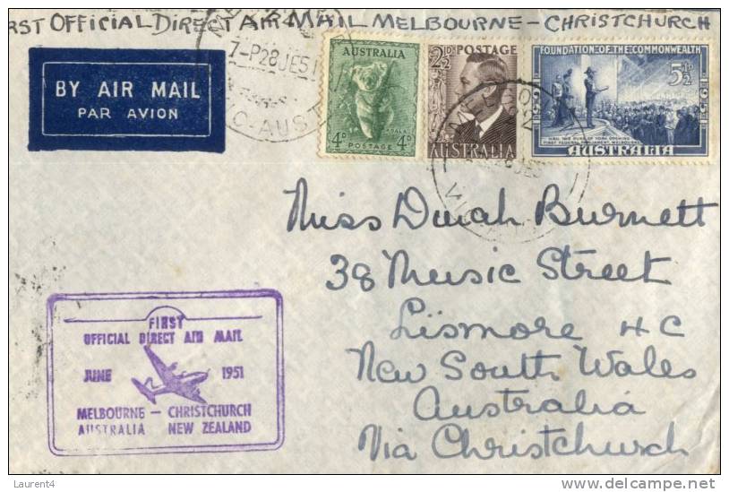 (101) FDC Cover - First Direct Air Mail - Melbourne To Christchurch - 1951 - Used Stamps