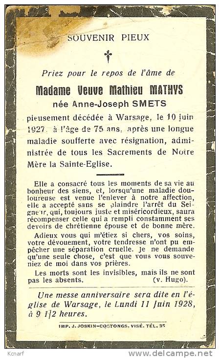 Faire-parts De Décès De WARSAGE De Mme ANNE-JOSEPH SMETS En 1927 ( Impr .visé ) - Décès