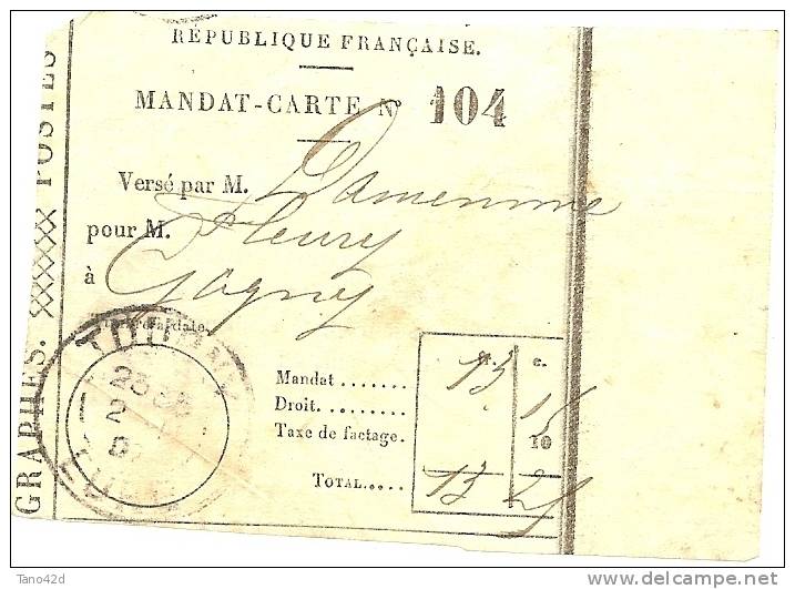 REF LPU11 - FRANCE - TALON DE MANDAT CARTE OBLITERE A TOURNY 2/11/1907 - Fogli Completi