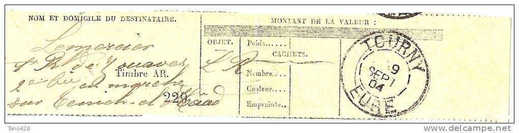 REF LPU11 - FRANCE - RECEPISSE DE CHARGEMENT DE VALEURS DESTINES EN AFRIQUE DU NORD OBLITERE A TOURNY 9/9/1904 - Full Sheets
