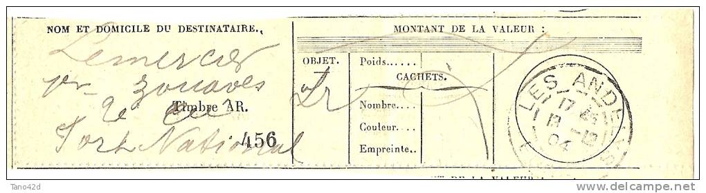 REF LPU11 - FRANCE - RECEPISSE DE CHARGEMENT DE VALEURS DESTINES EN AFRIQUE DU NORD OBLITERE A LES ANDELYS 13/12/1904 - Full Sheets