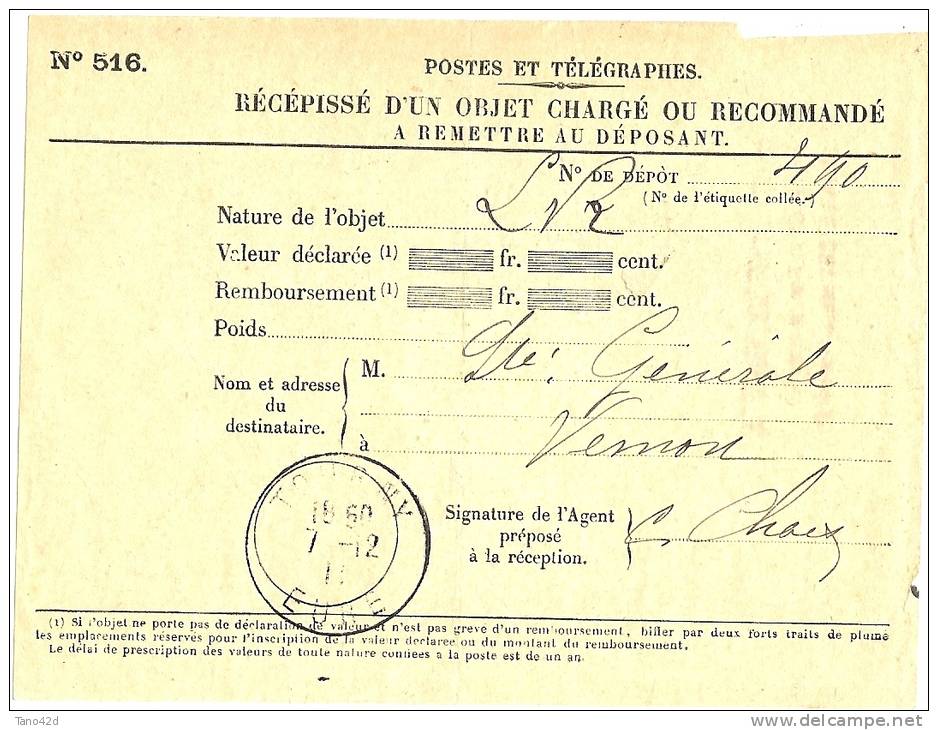REF LPU11 - FRANCE - RECEPISSE DE CHARGEMENT DE VALEURS OBLITERE A TOURNY 7/12/1911 - Full Sheets