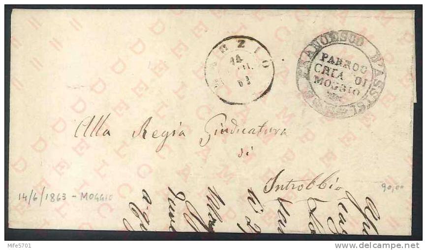 ANNULLO PARROCCHIA DI MOGGIO S. FRANCESCO D´ASSISI (CO) + BARZIO 14 GIU. 1863 + AL RETRO INTROBBIO (ORA INTROBIO) - Marcophilia