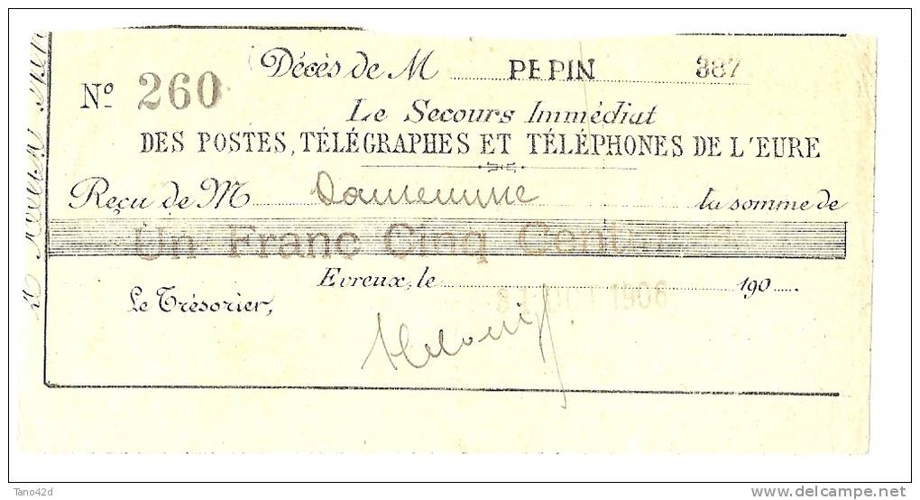 REF LPU11 - RECU DELIVRE PAR  L'AMICALE "LE SECOURS IMMEDIAT DES POSTES TELEGRAPHES ET TELEPHONES DE L'EURE"" - Non Classés